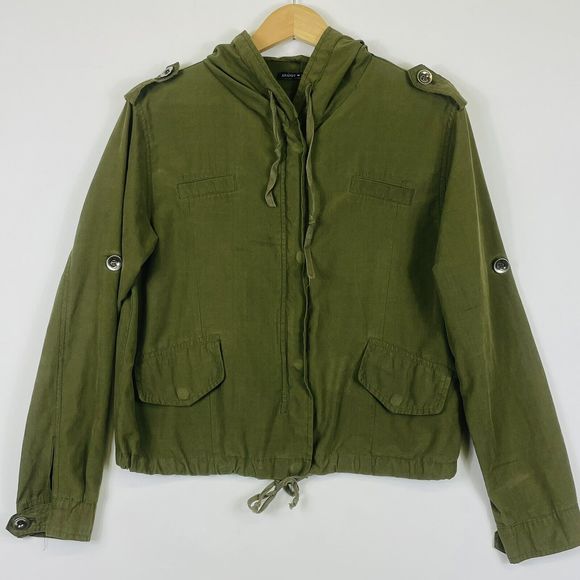 Brandy Melville Olive Green Khaki‎ Roll Tab Sleeve Hooded Jacket Womens One Size - Picture 1 of 7